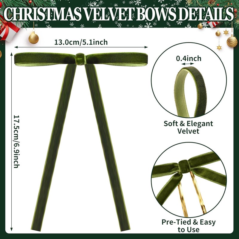 Lavwix 40Pcs Velvet Ribbon Bows, 5x7 Inch Pre-Tied Bows Christmas Ornaments for Xmas Tree, Garland, Wreath, Gift and Holiday Home Décor (5 x 7 Inch, Width of 3/8", Olive Green) - Image 2
